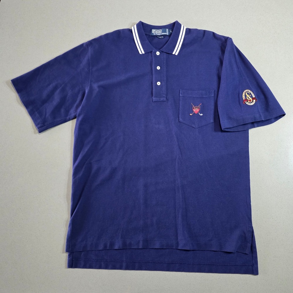 Polo Ralph Lauren Mens Large Navy Blue Golf Club Pique Polo Shirt Pocket Crest